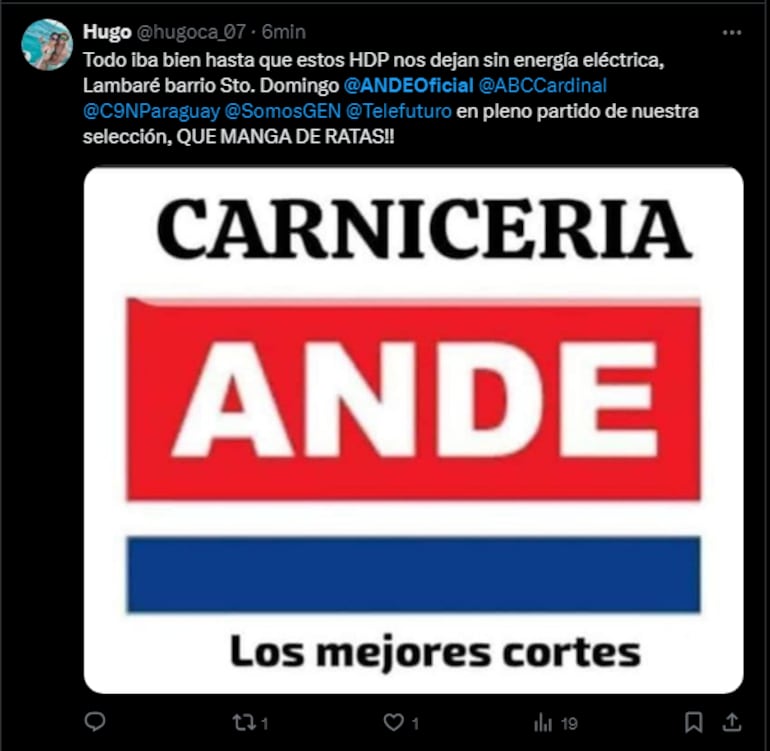 Tweet contra la ANDE por corte de luz durante el partido.