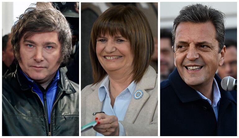 Los candidatos a presidente de Argentina: Javier Milei (i), Patricia Bullrich (C) y Sergio Massa (d). (AFP)