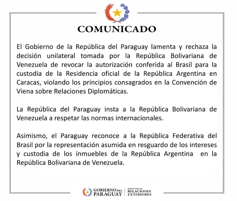 Comunicado emitido por el Ministerio de Relaciones Exteriores, sobre una nueva medida tomada en Venezuela.