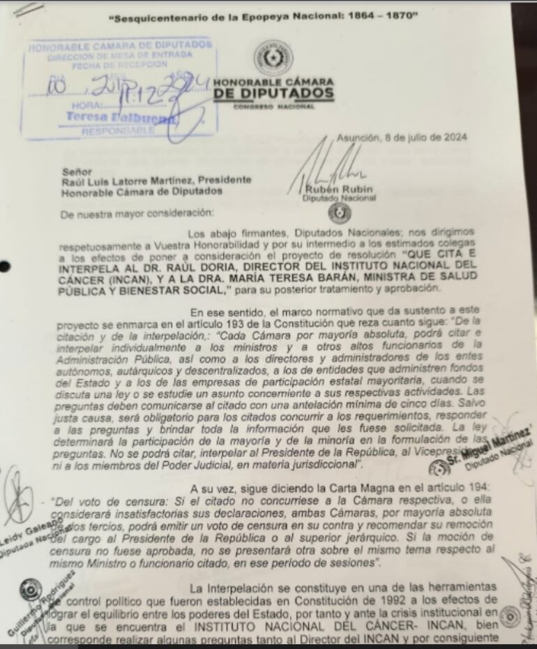 Pedido de interpelación de autoridades del Incan y Salud Pública, realizada por diputados opositores.