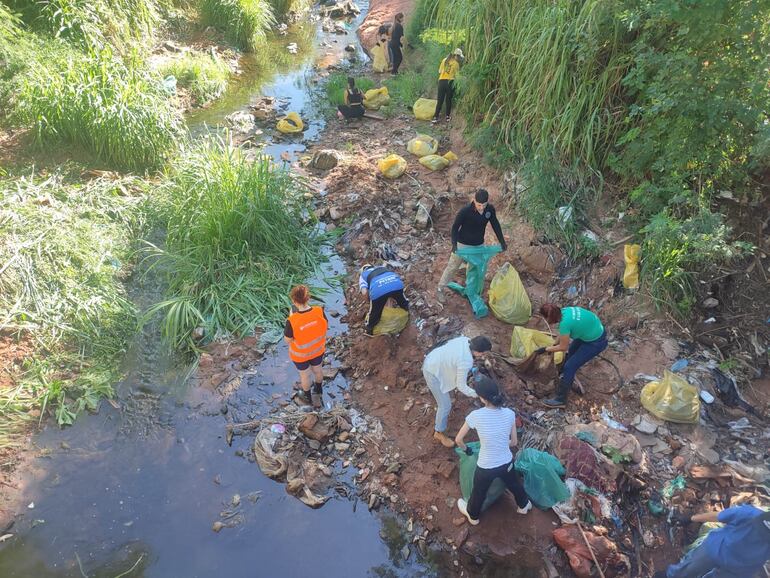 Los voluntarios juntando los residuos acumulados en el arroyo Fortín en bolsas, en la minga ambiental de esta mañana.