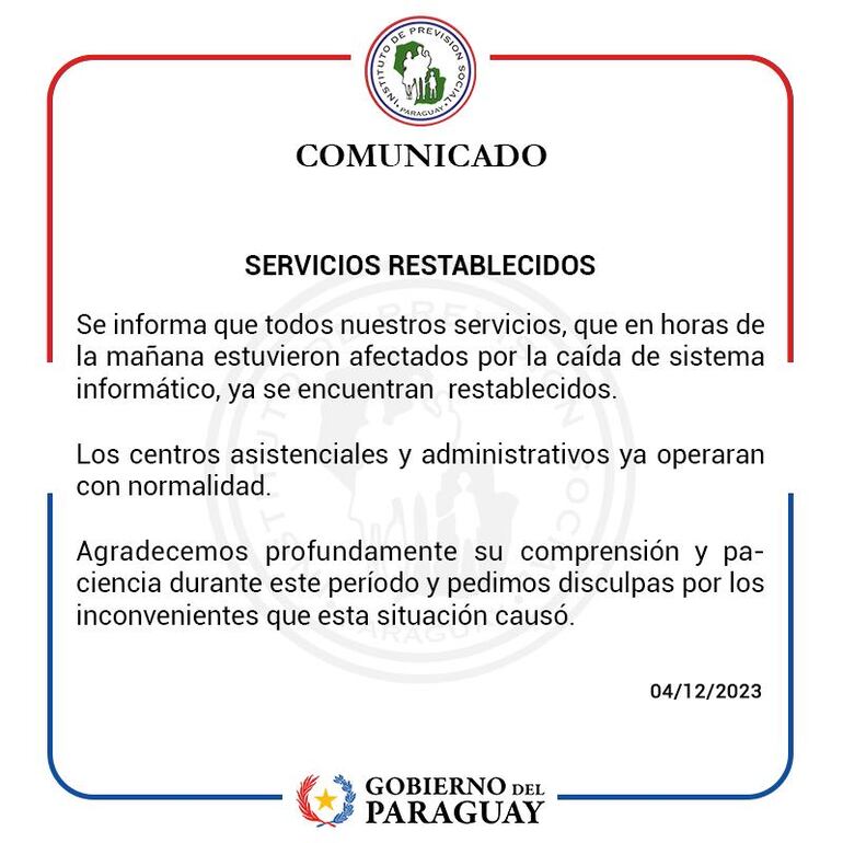 IPS comunica restablecimiento de servicios.