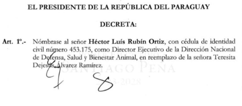 Parte del Decreto del presidente Santiago Peña en el que designa a Héctor Rubín como nuevo director de Defensa, Salud y Bienestar Animal.