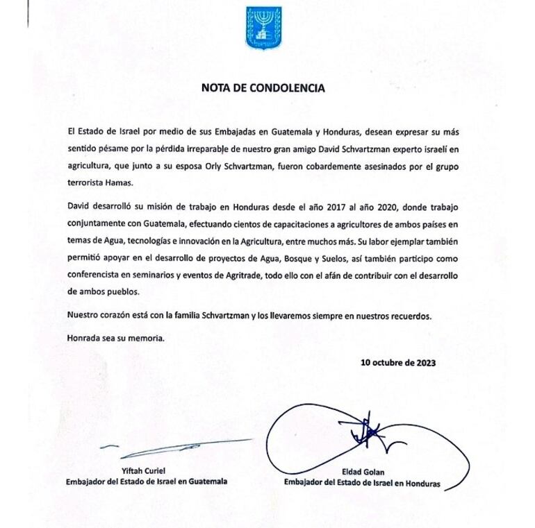 Comunicado del Estado de Israel sobre la muerte de una pareja de paraguayos. La nota fue firmada por embajadores de dicho país, en Guatemala y Honduras.