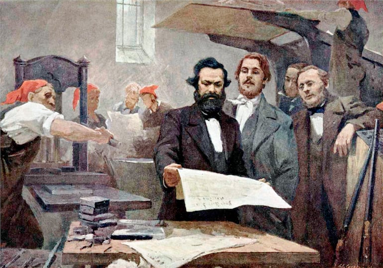 E. Chapiro: Marx y Engels en la imprenta de la Rheinische Zeitung (Instituto Marx-Engels, Moscú).