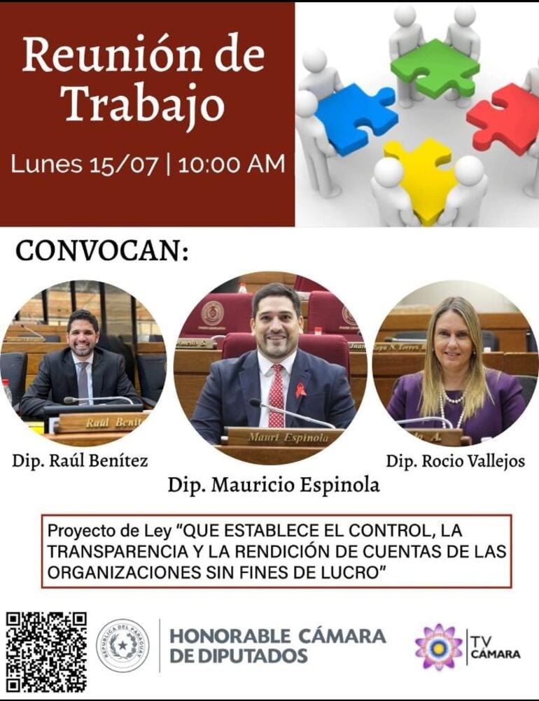 Convocatoria de la Cámara de Diputados a mesa de trabajo para debatir el proyecto de ley de control a ONGs.