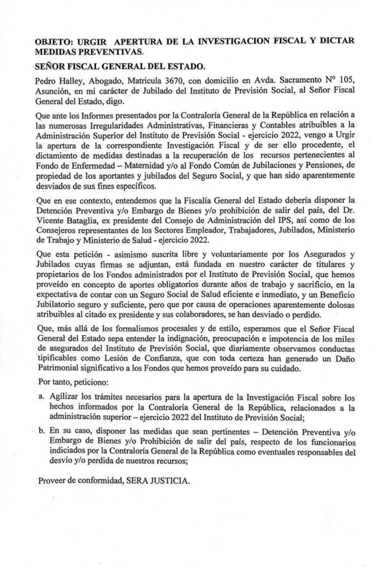 Mediante una nota a la Fiscalía General del Estado, la Unión Nacional de Jubilados urge la apertura de una investigación fiscal contra Vicente Bataglia.