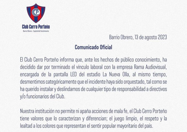 El comunicado de Cerro Porteño,