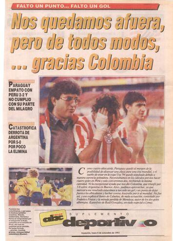 Tapa de deportes de ABC color, el 6 de setiembre de 1993 luego del 2-2 ante Perú.