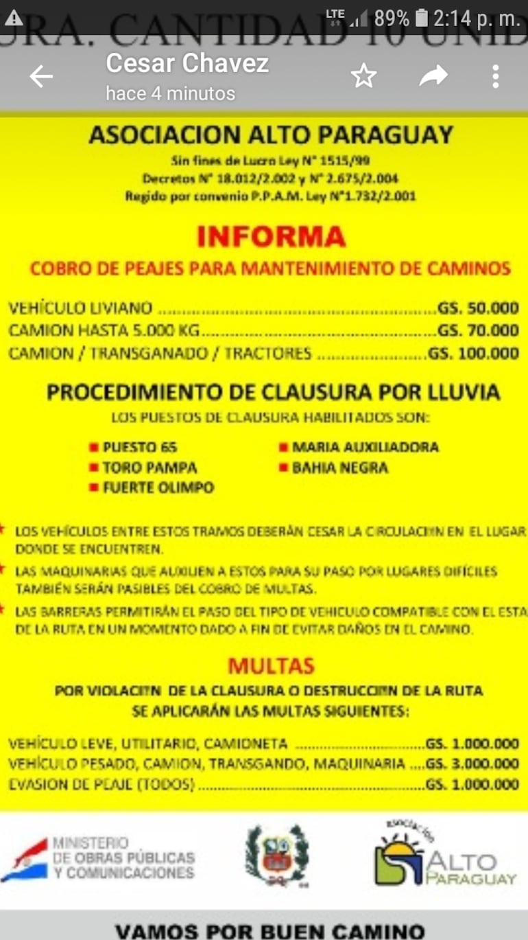 Costo de peaje en Alto Paraguay establecido por la Asociación de Caminos; el pago se realiza ida y vuelta.