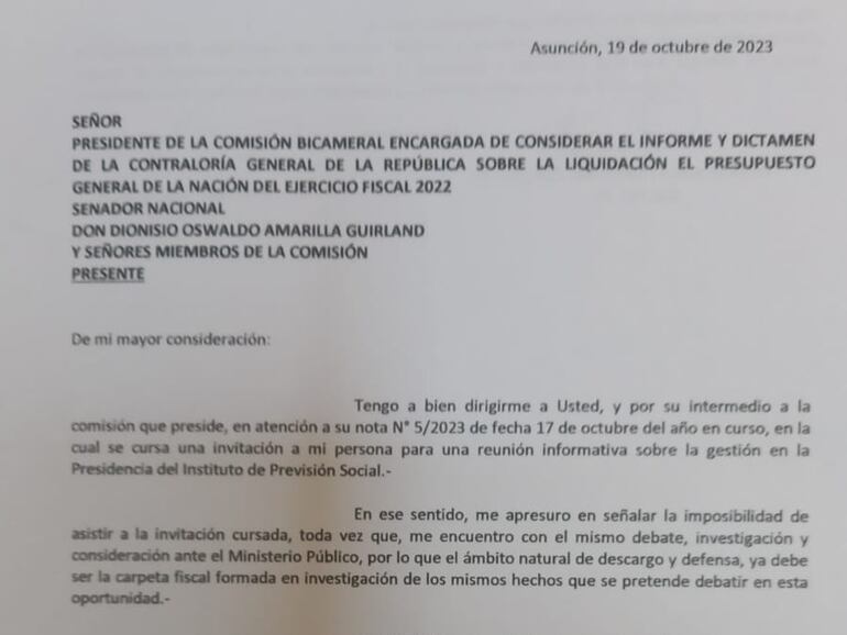 Nota remitida por Vicente Bataglia en la que informa que no asistirá a la convocatoria de la Comisión Bicameral.