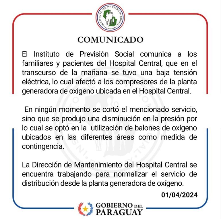 Comunicado del IPS sobre las fallas registradas en la planta de oxígeno del Hospital Central.