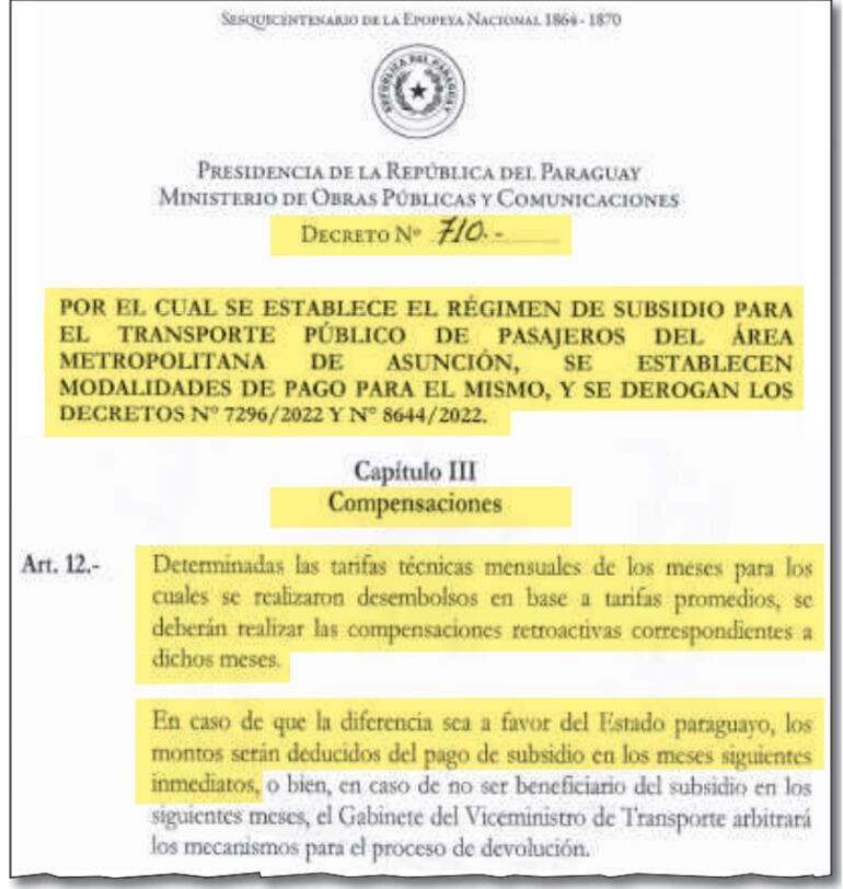 Facsímil del Decreto N° 710 con el cual Santiago Peña permite  millonarios desembolsos y con el riesgo de que quede un saldo “a favor” del Estado.