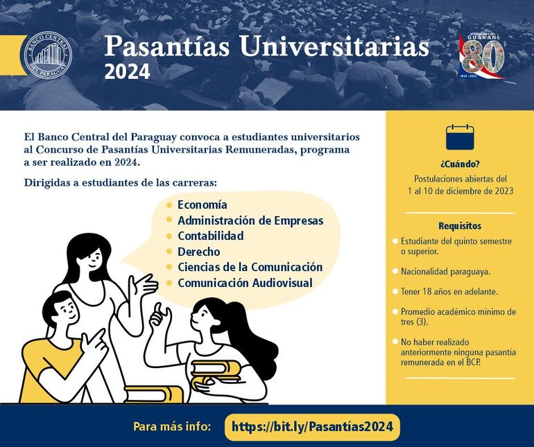 El BCP habilitó las inscripciones para las pasantías remuneradas, dirigidas a estudiantes universitarios.