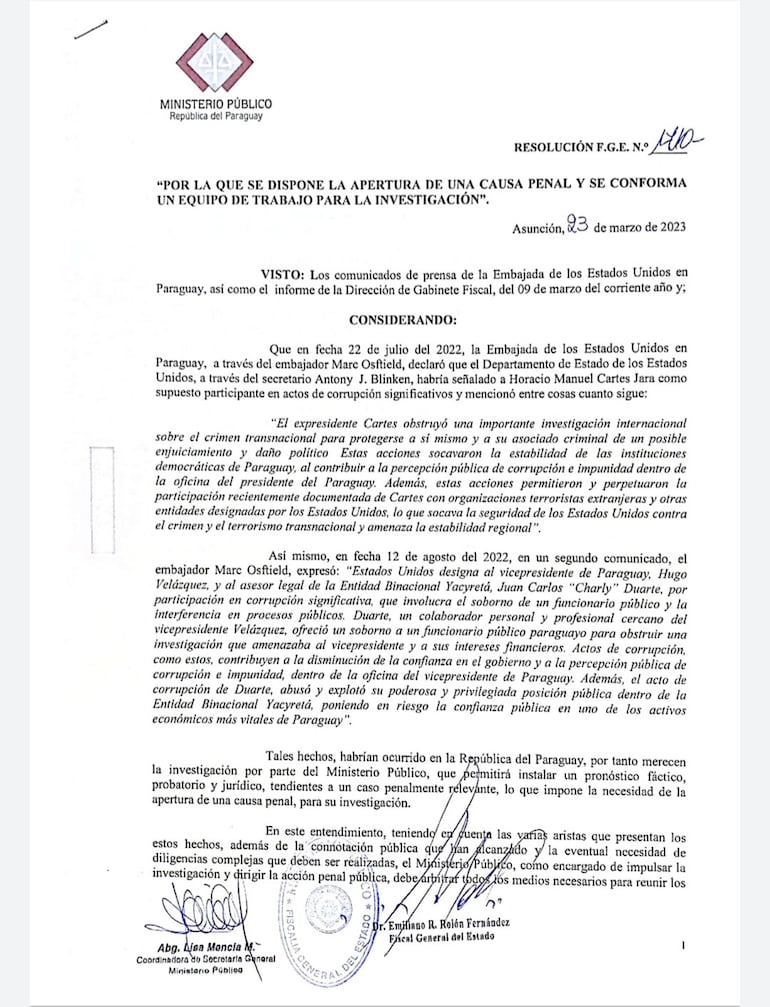 Fiscalía abre investigación contra Horacio Cartes y Hugo Velázquez.