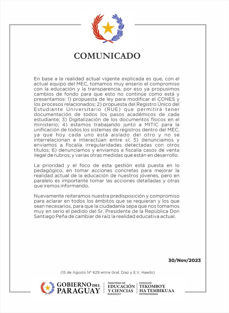 Segunda parte del comunicado del MEC sobre control y límites en títulos y tesis universitarios.