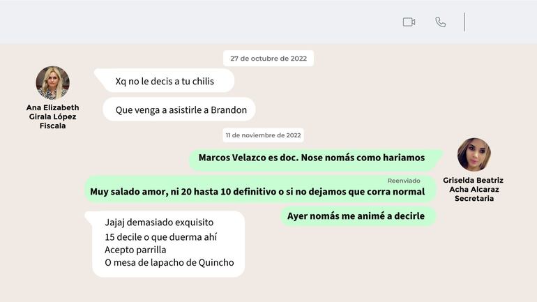 Chat entre la fiscal de San Lorenzo Ana Girala y la secretaria Griselda Acha.