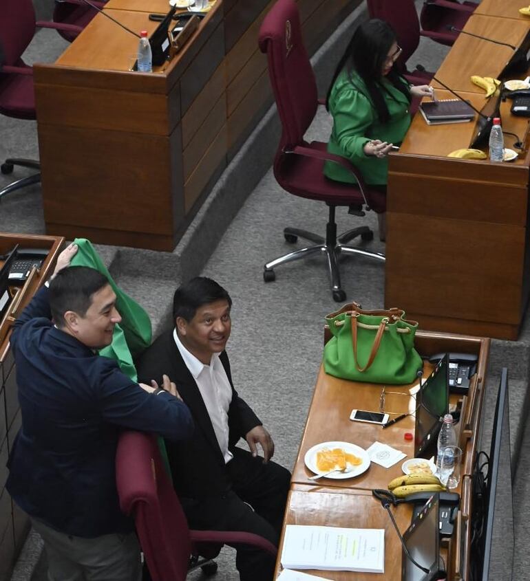 Los senadores Eduardo Nakayama y Sergio Rojas sonríen con el saco de su colega Amarilla.