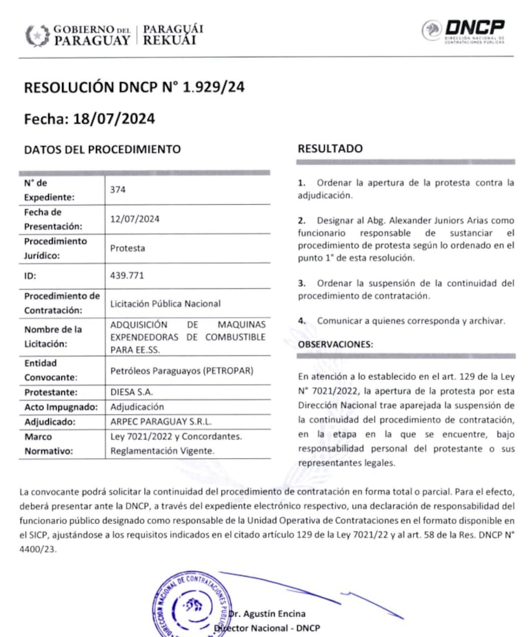 Resolución de la DNCP con la cual se inició una investigación al proceso de compra de Petropar.