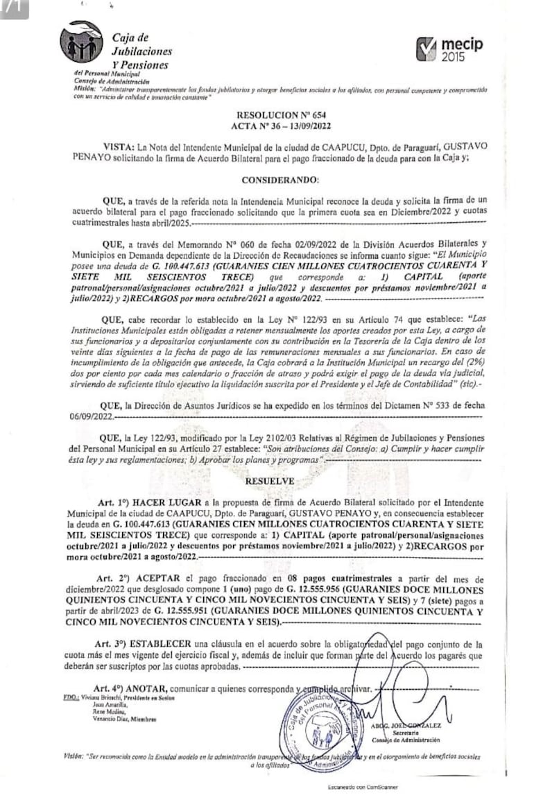 Resolución de aceptación de la firma de acuerdo sobre la propuesta presentada por el intendente de Caapucú, Gustavo Penayo.