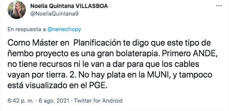 Respuesta de una candidata a la concejalía de Asunción sobre la propuesta libre de cables de Óscar Rodríguez.