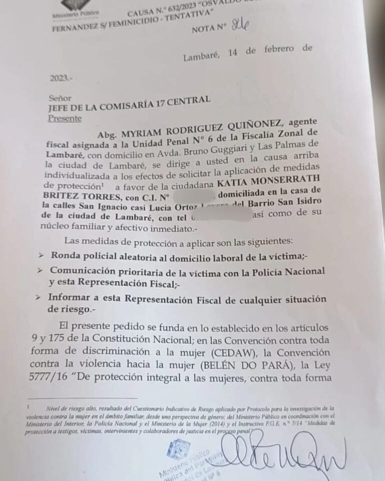 Medidas de protección solicitadas por la fiscal Myriam Rodríguez en fecha 14 de febrero de este año.