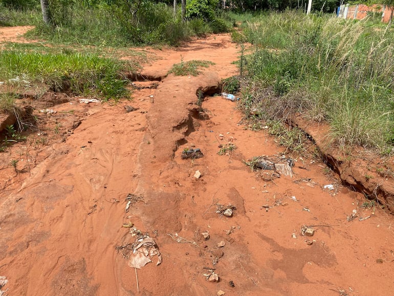 Camino de tierra en mal estado, con profundos surcos y baches. El suelo está erosionado.