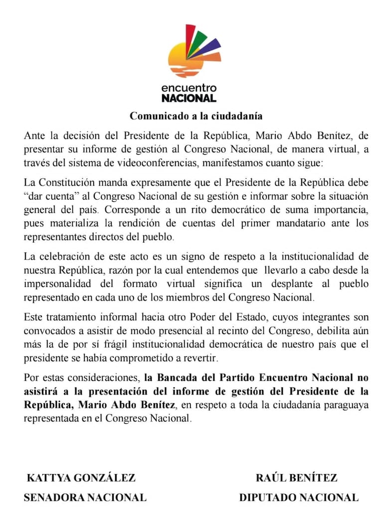 Comunicado PEN ante "desplante" de Mario Abdo Benítez en su último informe de gestión como presidente.