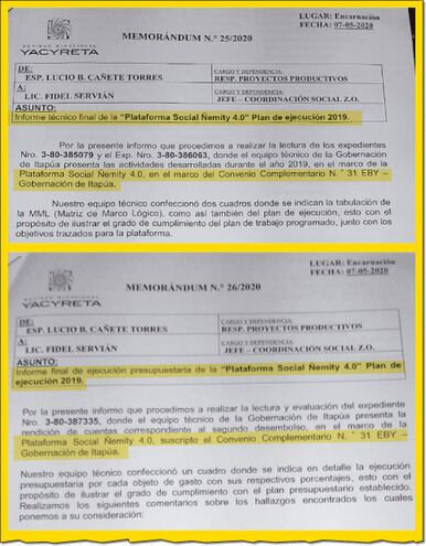 Los memorándum elaborados por el funcionario de la EBY Lucio Cañete Torres en los cuales se detallan varios hallazgos.