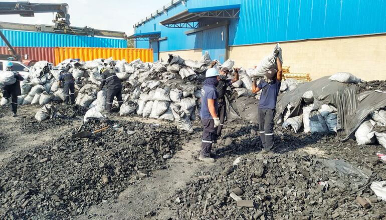 Empleados del puerto Terport de Villeta agrupan algunas de las bolsas con carbón vegetal almacenados en los contenedores de la red de tráfico de drogas.