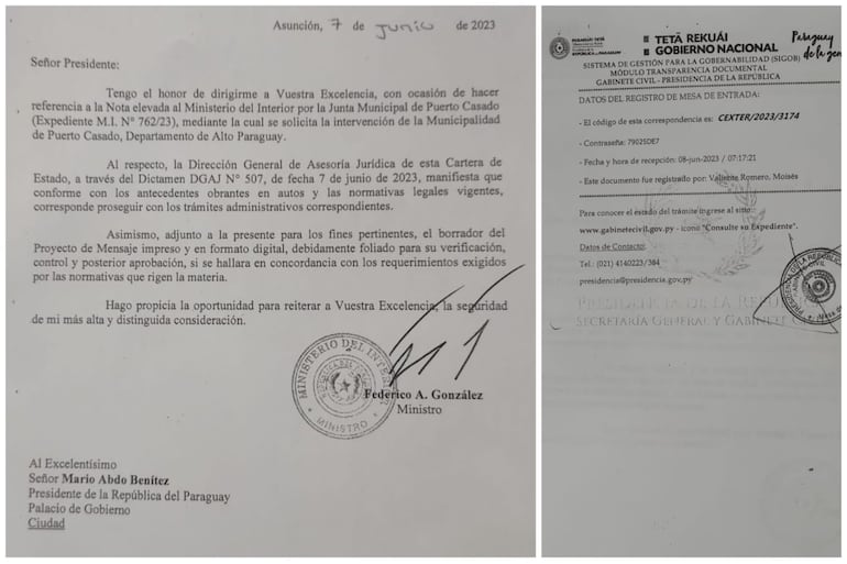 Pedido de intervención a la municipalidad de Puerto Casado.