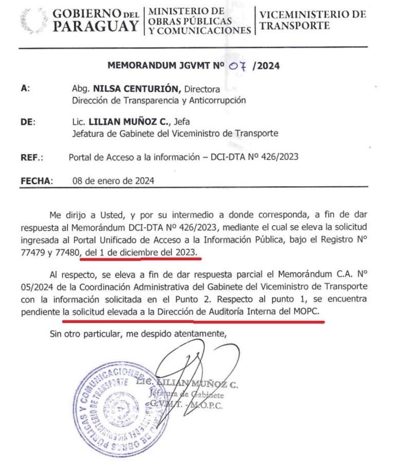 Facsímil de la respuesta de la jefa de gabinete del Viceministerio de Transporte, Lilian Muñoz, al pedido de copias de los documentos presentados por los transportistas para acceder a los subsidios y los desembolsos concretados. Sólo esto último se informó, sobre la documentación se alegó que se encuentra en auditoría.