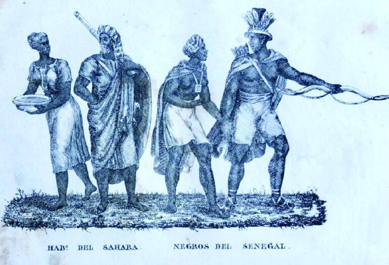 "Hab. del Sahara y Negros del Senegal", grabado español anónimo del siglo XIX.
"Sus fuentes son las de la magia o transfusión de fuerzas y poderes en varias culturas afro (yoruba, bantú, etc.)..."