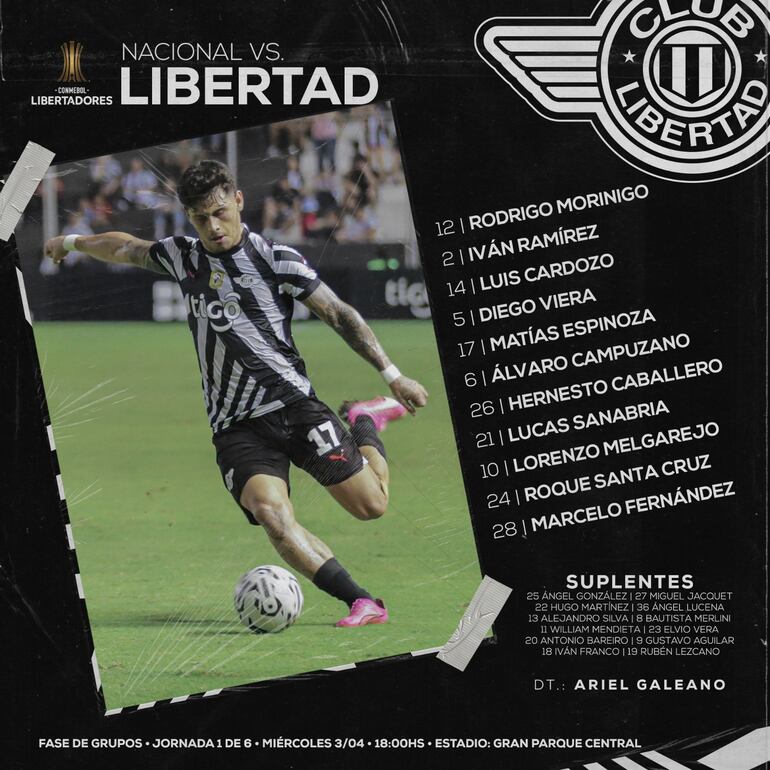 Los titulares y suplentes de Libertad para el debut en la Copa Libertadores 2024.