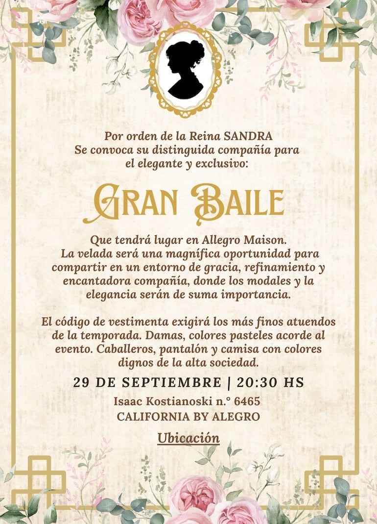 La tarjeta de invitación para el "Gran Baile" de Sandra Ledesma.