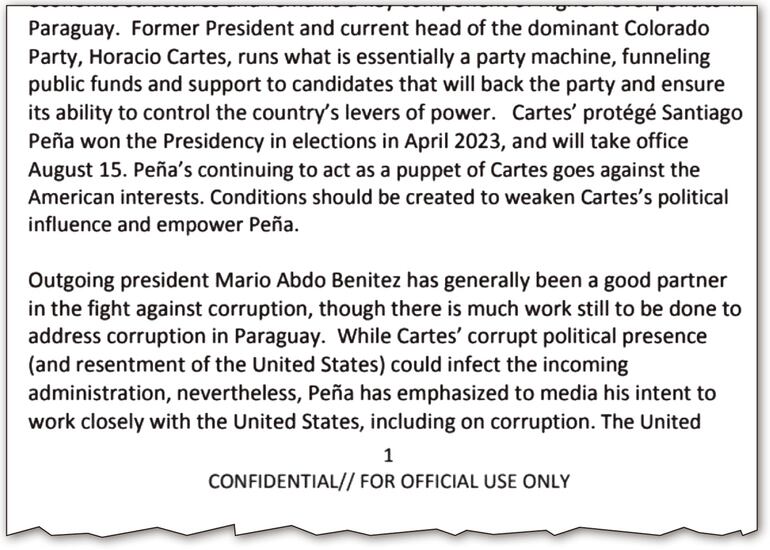 Documento filtrado en agosto pasado donde dice que actuación de Peña como títere de Cartes va contra intereses estadounidenses. Este párrafo no aparece en versión a la que accedimos anoche.