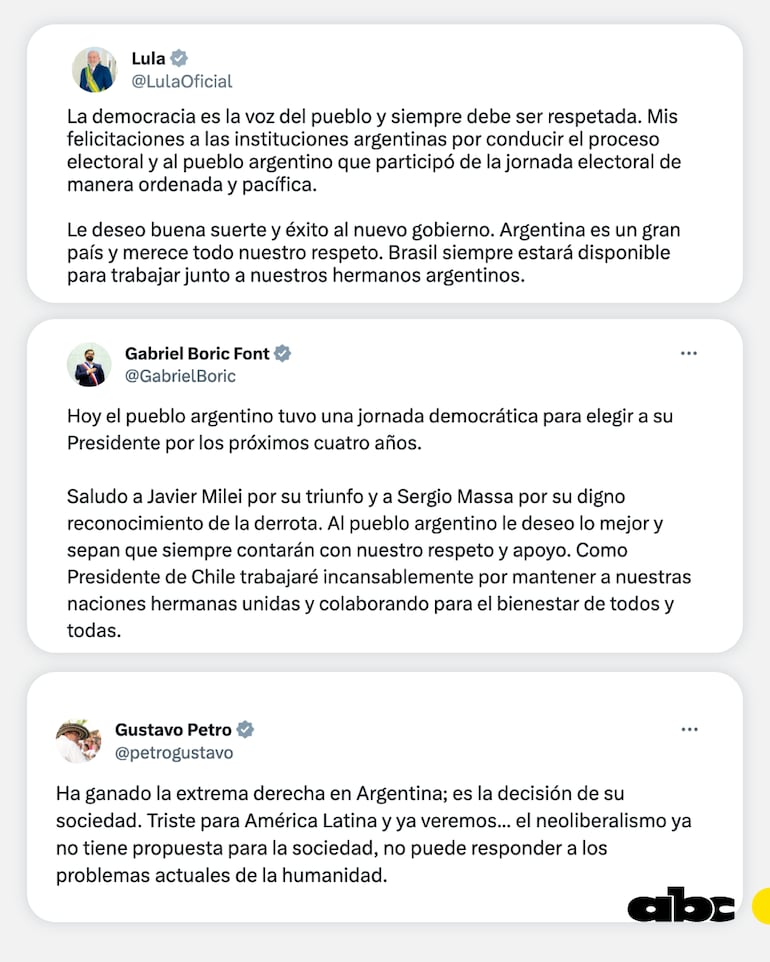 Mensajes de los presidentes de la región sobre la victoria de Javier Milei en Argentina.