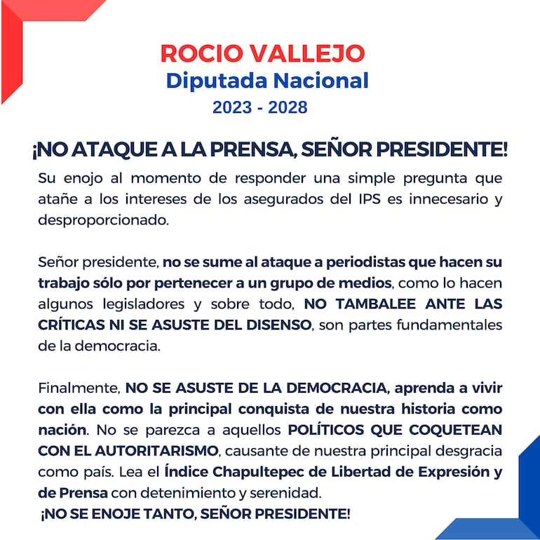 Diputada Vallejo pide a Santiago Peña a que "no se enoje tanto".