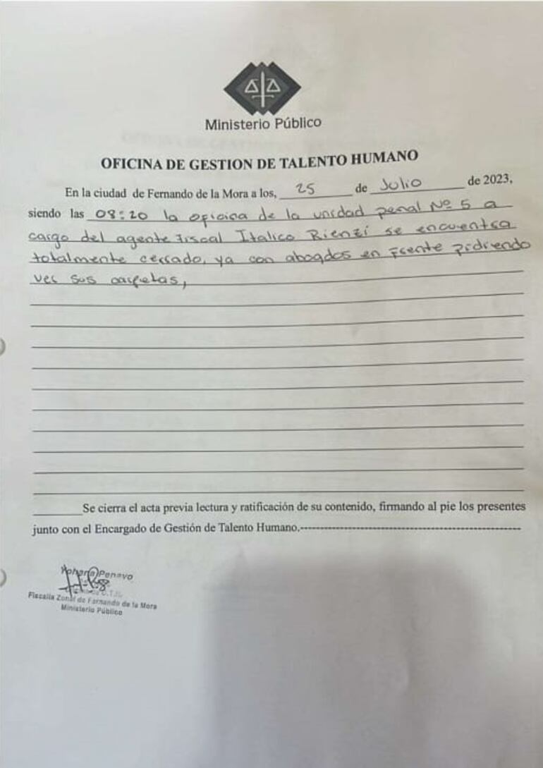 Acta de Gestión de Talento Humano del Ministerio Público.