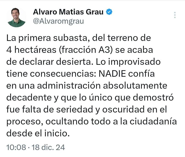 Posteo en X del concejal de Asunción Álvaro Grau.