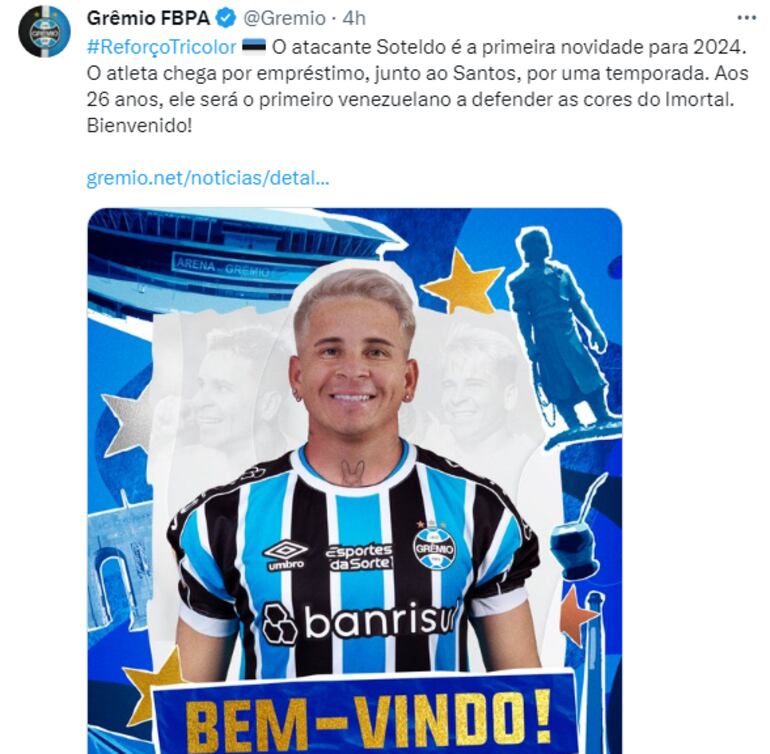 Yeferson Soteldo, nuevo jugador de Gremio.