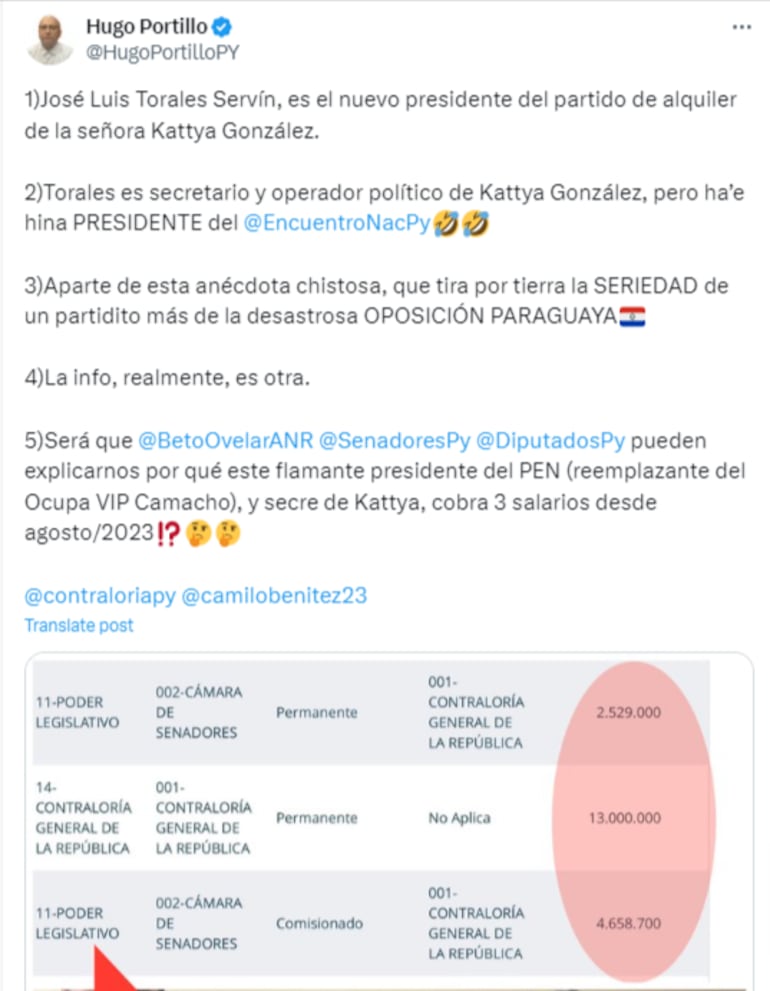 Screen del primer tweet desinformante contra Jose Luis Torales.