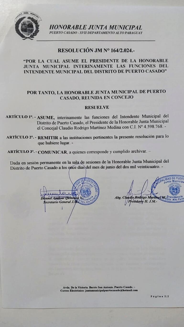 Resolución de la Junta Municipal, por la cual nombran de forma interina al nuevo intendente.