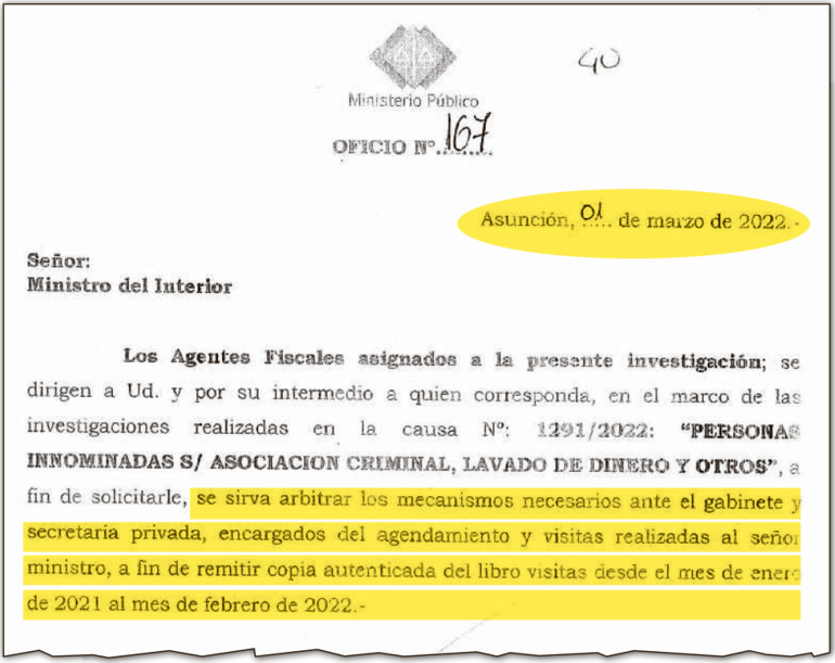 Oficio remitido el 1 de marzo de 2022 en el cual se desea conocer todas las visitas de Giuzzio.