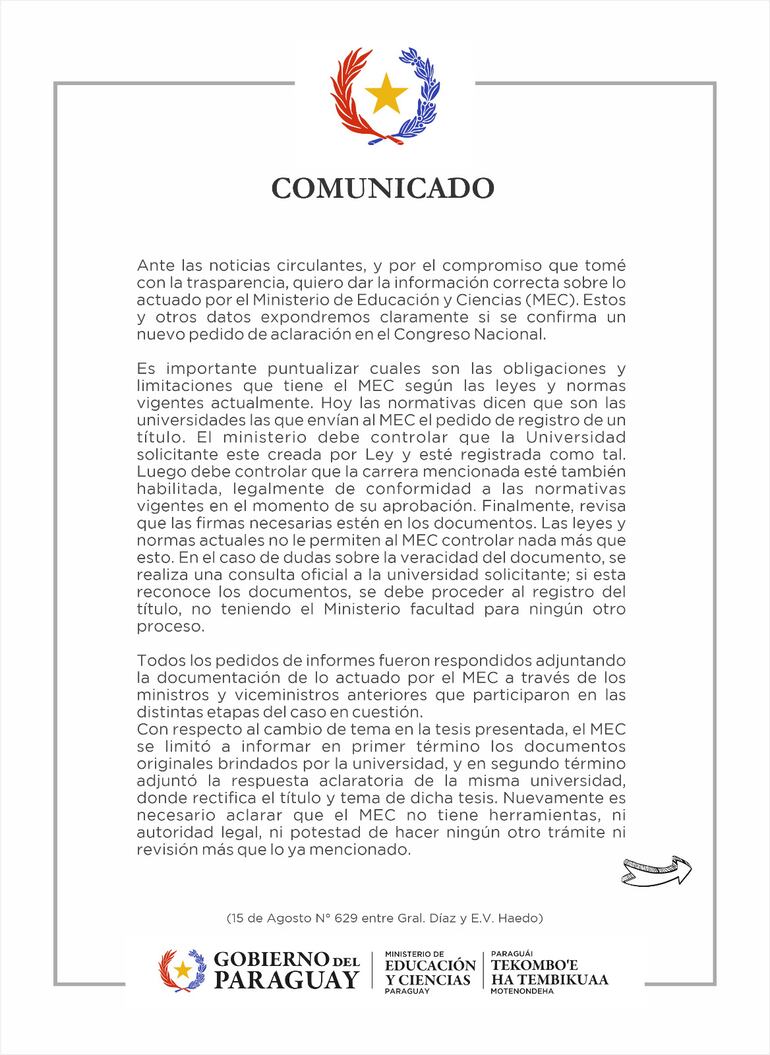 Primera parte del comunicado del MEC sobre control y límites en títulos y tesis universitarios.