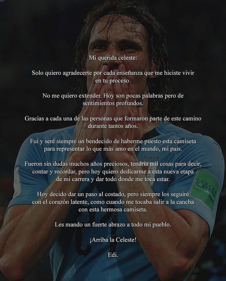 La carta de renuncia de Edinson Cavani a la selección de Uruguay.