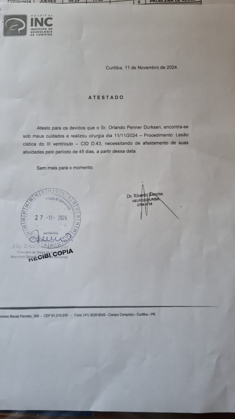 Certificado médico del senador Orlando Penner (ANR, HC) donde se pide reposo por 45 días.