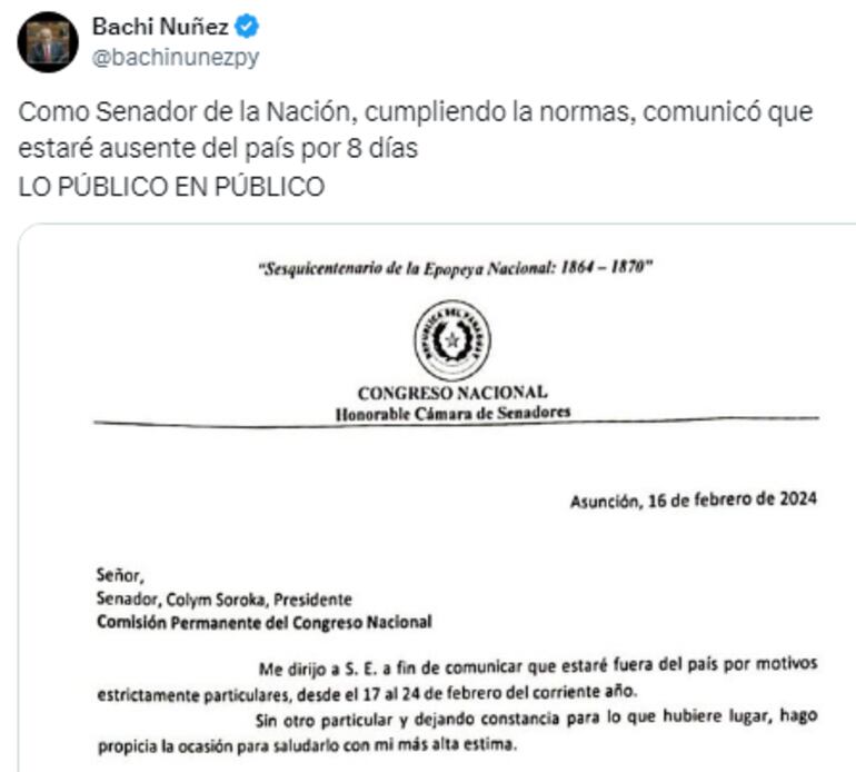 Posteo de "Bachi" donde escribió "comunicó", en lugar de "comunico".