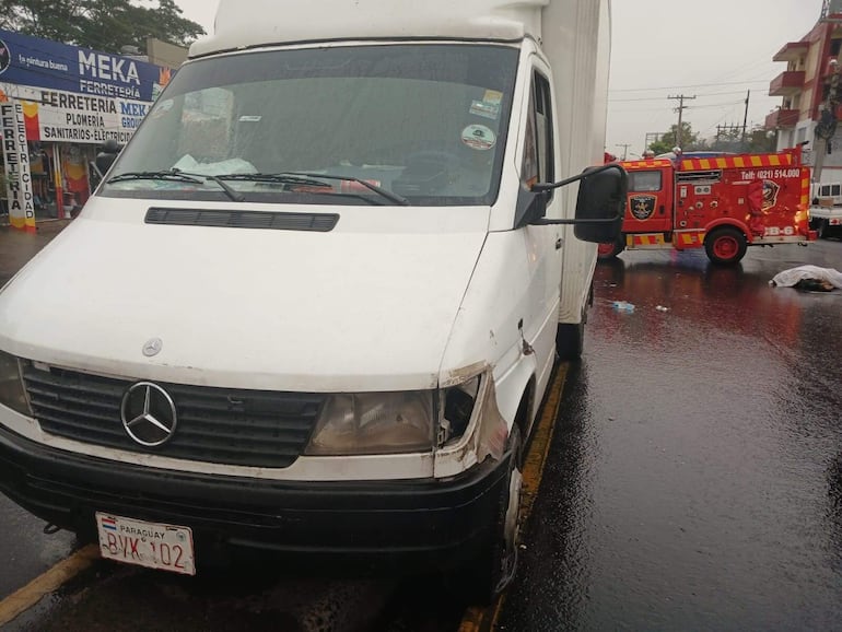 El camión Mercedes Benz fue aparar sobre el paseo central tras el percance.