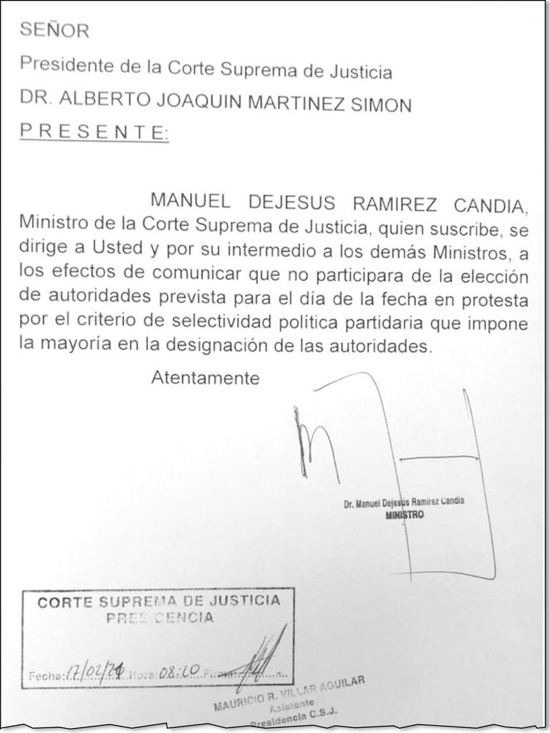 Reveladora nota presentada ayer por el ministro Manuel Ramírez,  que desnuda la politización  de la Corte.